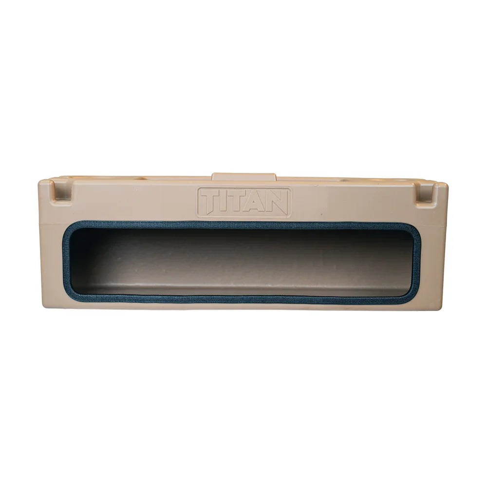 Titan Hunting Blinds Gear Box in tan, front view studio shot on white background