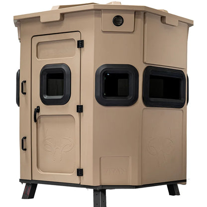 Titan Hunting Blinds Titan elevated box blind, front three-quarter view showing door and windows