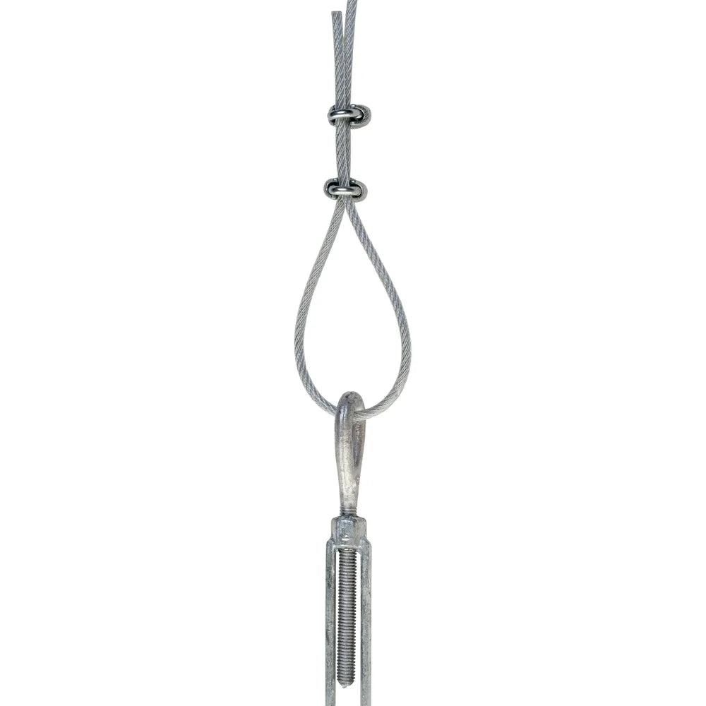 Titan Hunting Blinds Tower Auger Kit cable looped with clamps connected to turnbuckle eye