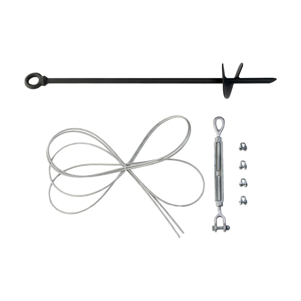 Titan Hunting Blinds Tower Auger Kit showing auger anchor, cable, turnbuckle and clamps laid out on white