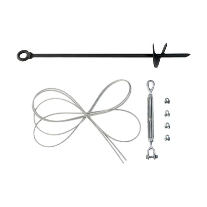 Titan Hunting Blinds Tower Auger Kit showing auger anchor, cable, turnbuckle and clamps laid out on white