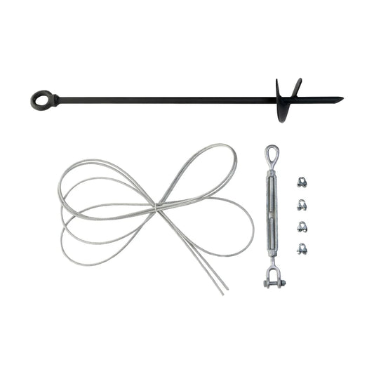 Titan Hunting Blinds Tower Auger Kit showing auger anchor, cable, turnbuckle and clamps laid out on white