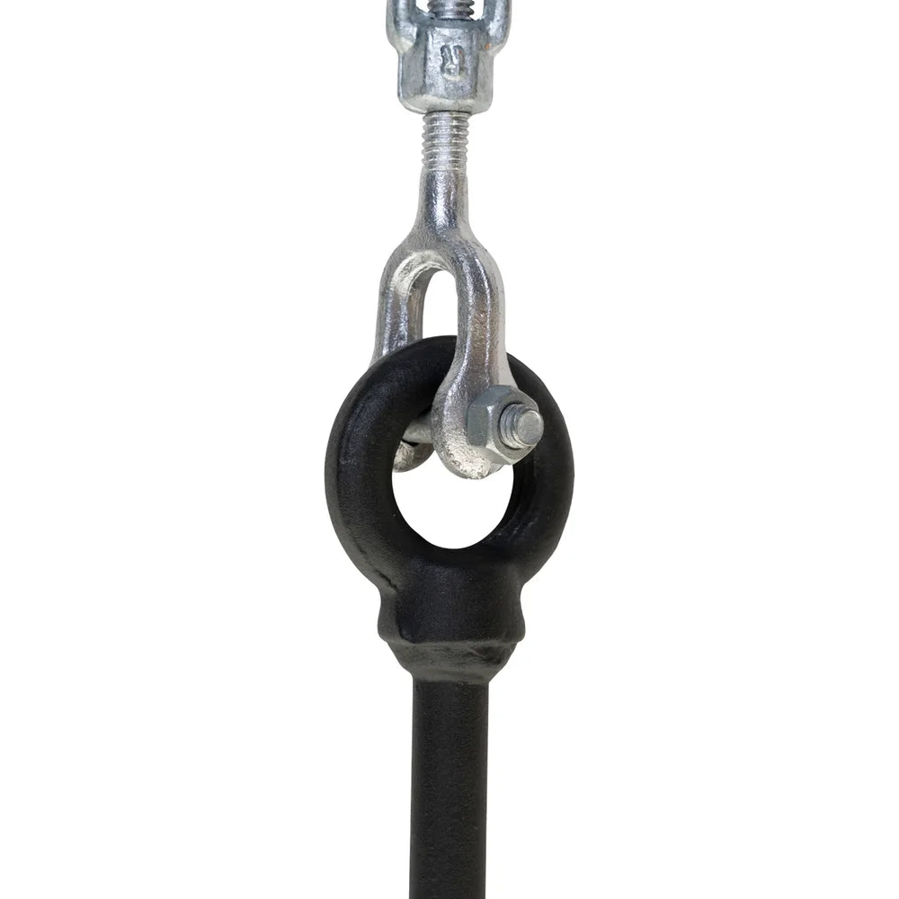 Titan Hunting Blinds Tower Auger Kit shackle and turnbuckle connected to auger anchor eye loop