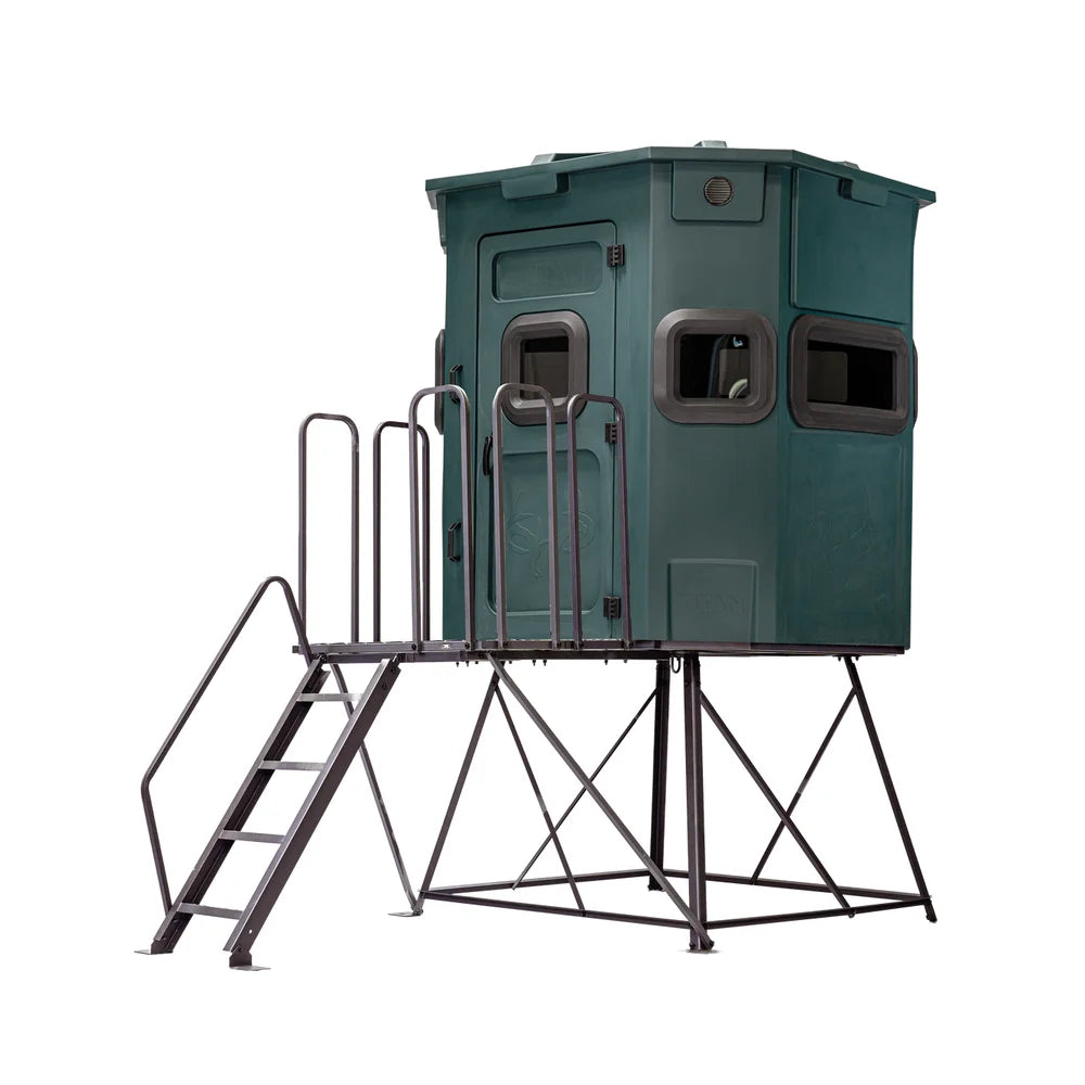 Titan Hunting Blinds Tower Extension Kit with dark green box blind on extended tower, angled view