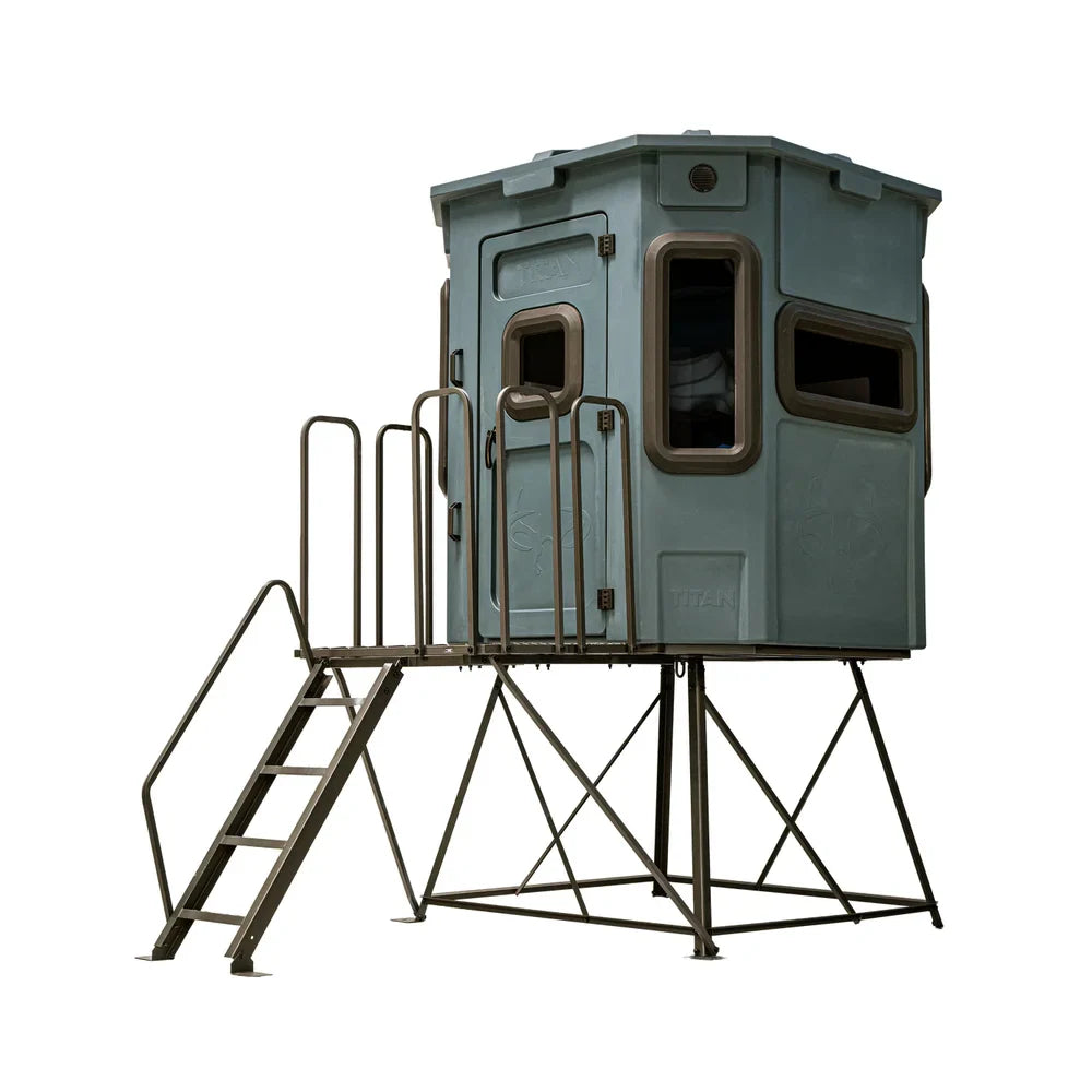 Titan Hunting Blinds Tower Extension Kit shown with green Titan box blind installed, front view