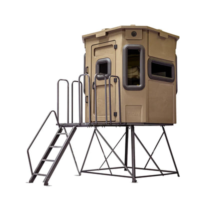 Titan Hunting Blinds Tower Extension Kit shown with tan Titan box blind mounted on extended tower
