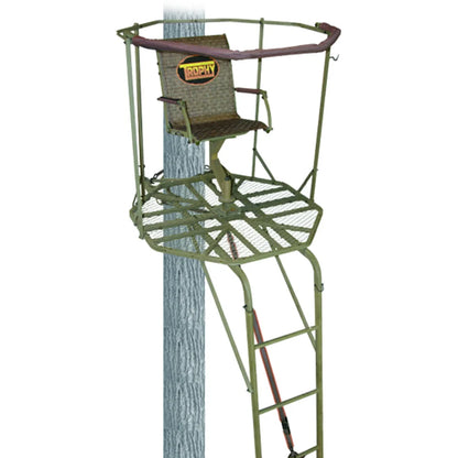 Trophy Treestands Aimer 360 ladder stand, full studio view showing 360-degree shooting rail and platform