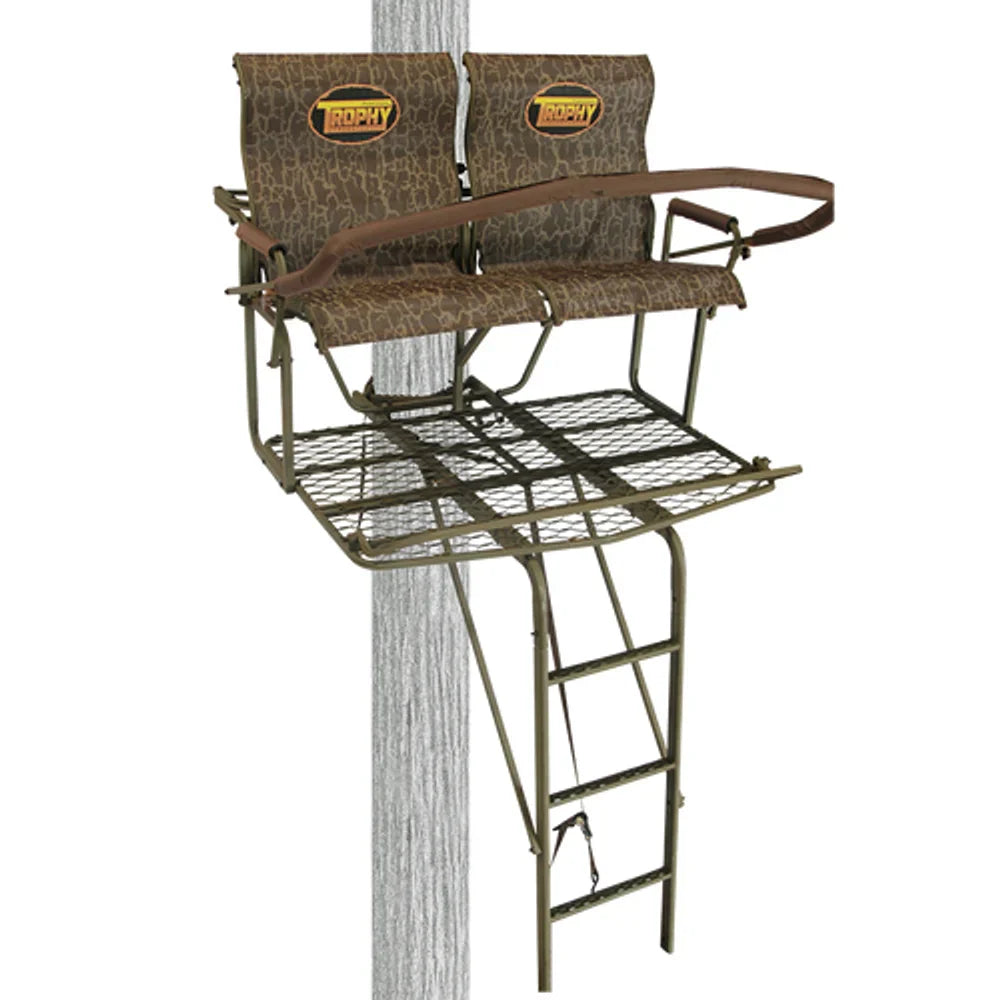 Trophy Treestands Big Easy two-man ladder stand attached to tree, front view showing camo seats and platform