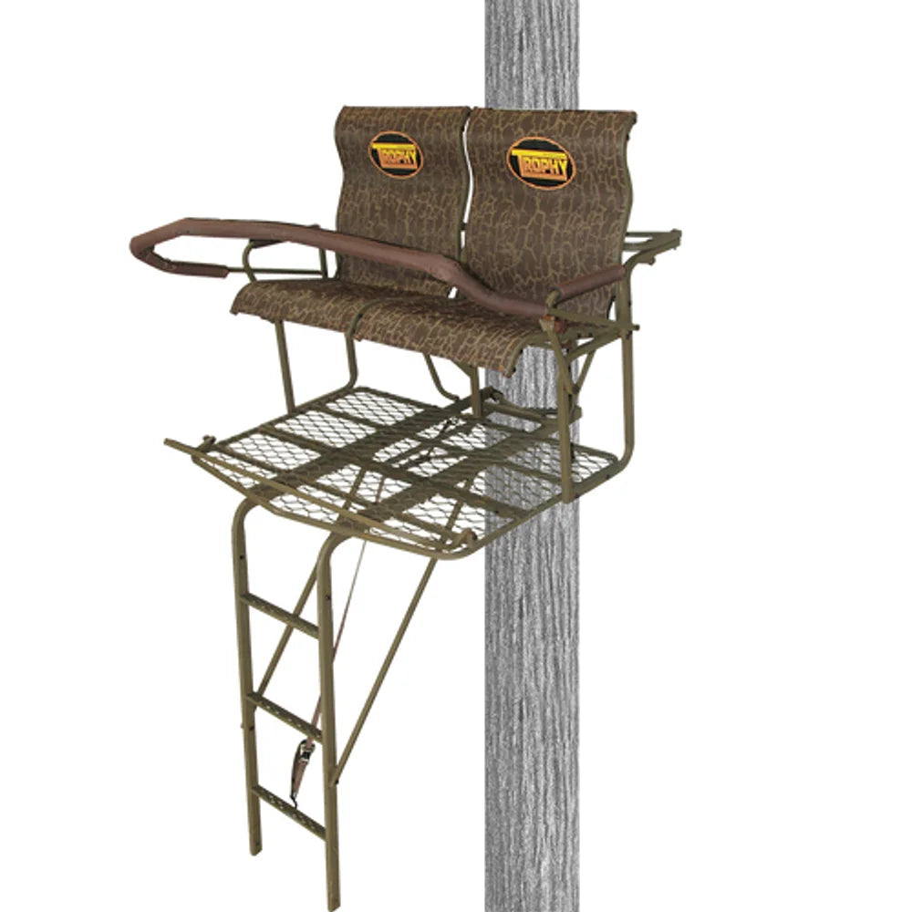 Trophy Treestands Big Easy two-man ladder stand, side angle view showing shooting rail and ladder