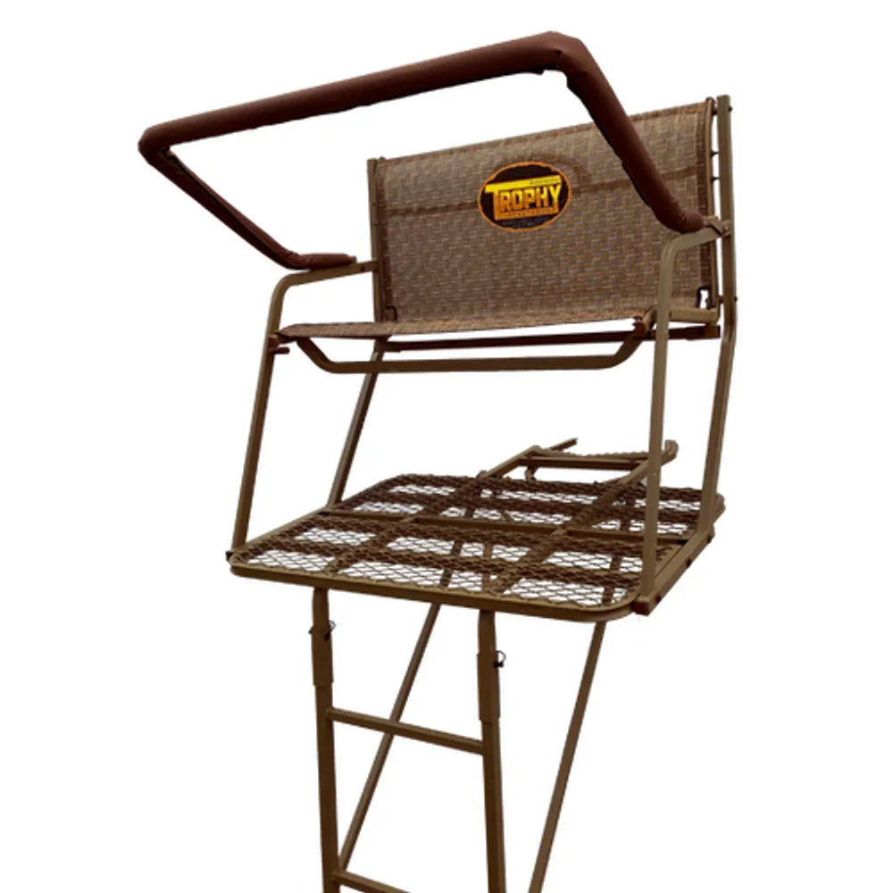 Trophy Treestands Colonel two-man ladder stand, front three-quarter studio view showing seat and shooting rail