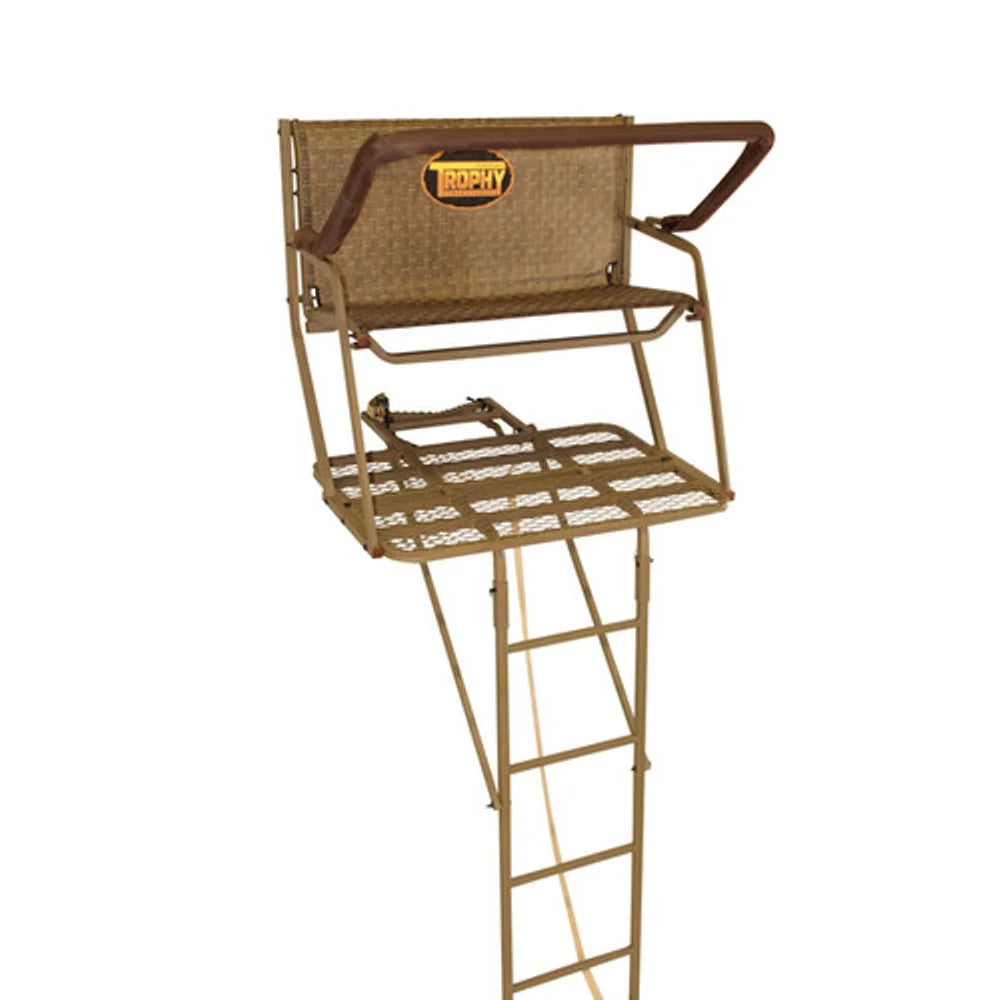 Trophy Treestands Colonel ladder stand, front view showing full ladder, platform and seat