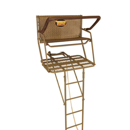 Trophy Treestands Colonel ladder stand, front view showing full ladder, platform and seat