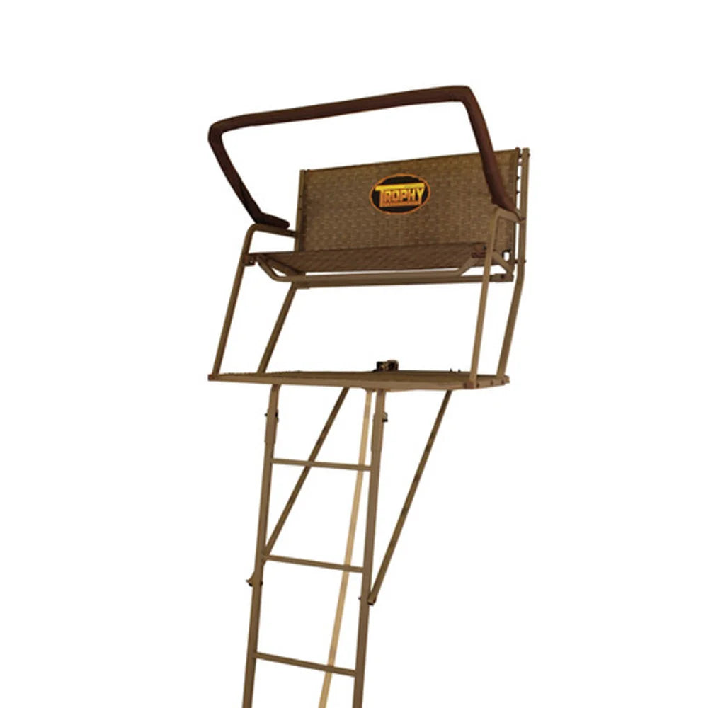Trophy Treestands Colonel ladder stand, rear view showing back of seat, shooting rail and ladder
