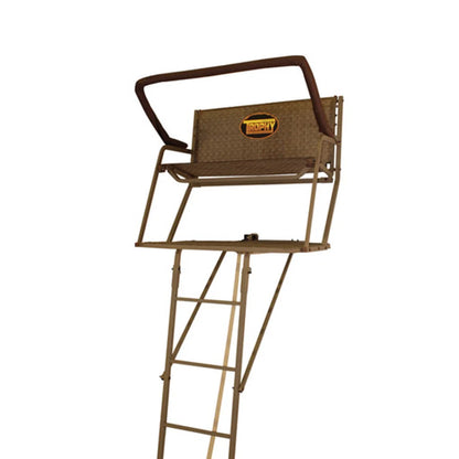 Trophy Treestands Colonel ladder stand, rear view showing back of seat, shooting rail and ladder
