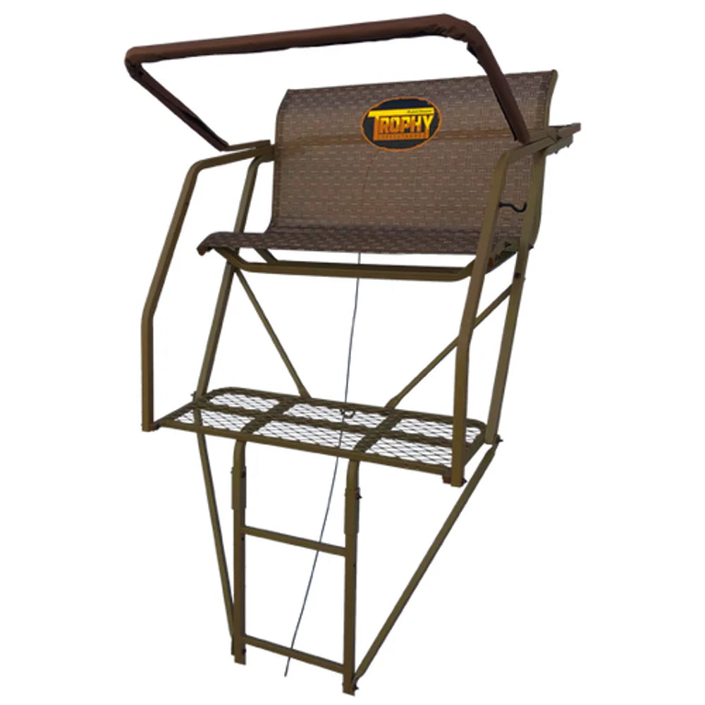 Trophy Treestands Everlast two-man ladder stand, front studio view showing seat, platform and ladder