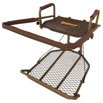 Trophy Treestands Explorer hang-on treestand, front three-quarter studio view showing seat and mesh platform