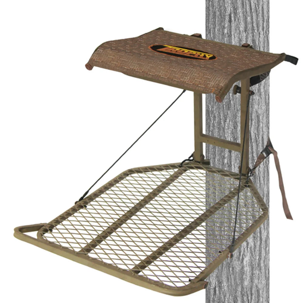 Trophy Treestands Explorer LT hang-on treestand mounted on a tree, front view showing seat and platform