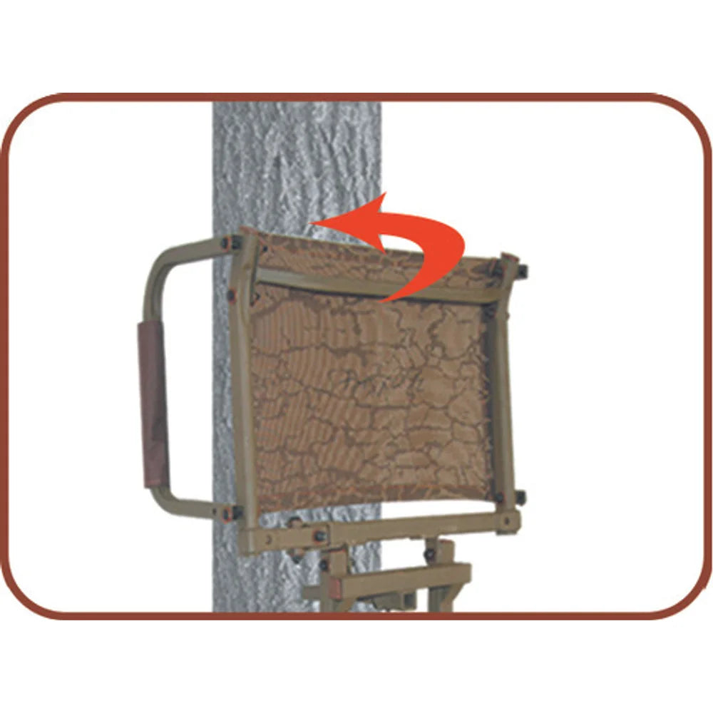 Trophy Treestands Freedom ladder stand flip-up camo shooting rail and seat detail with rotation arrow