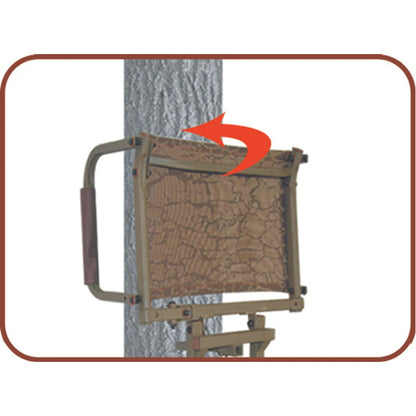 Trophy Treestands Freedom ladder stand flip-up camo shooting rail and seat detail with rotation arrow