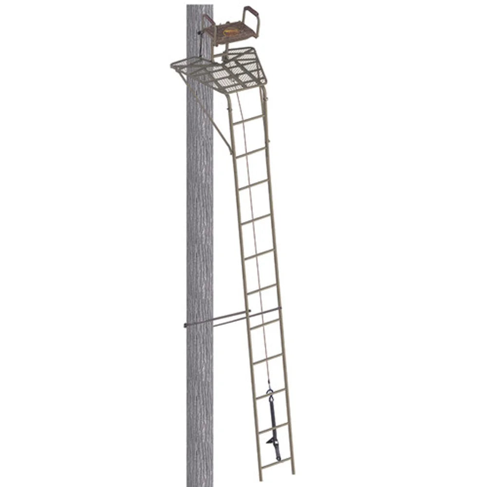 Trophy Treestands Freedom ladder stand full-length side view strapped to tree on white background