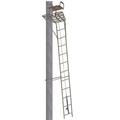 Trophy Treestands Freedom ladder stand full-length side view strapped to tree on white background