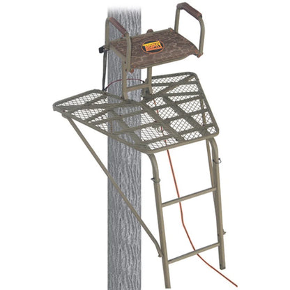 Trophy Treestands Freedom ladder stand top section showing camo seat, shooting rail, and steel mesh platform