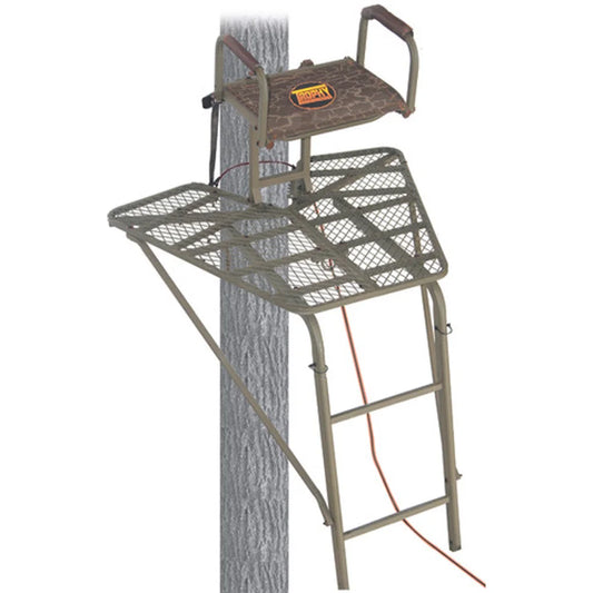 Trophy Treestands Freedom ladder stand top section showing camo seat, shooting rail, and steel mesh platform