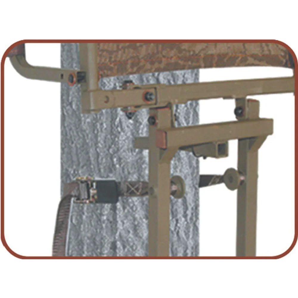 Trophy Treestands Freedom ladder stand tree strap, ratchet, and mounting bracket close-up detail