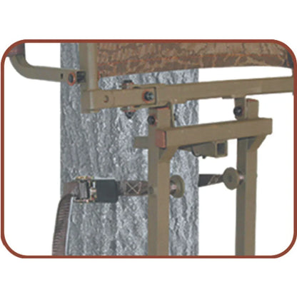 Trophy Treestands Freedom ladder stand tree strap, ratchet, and mounting bracket close-up detail