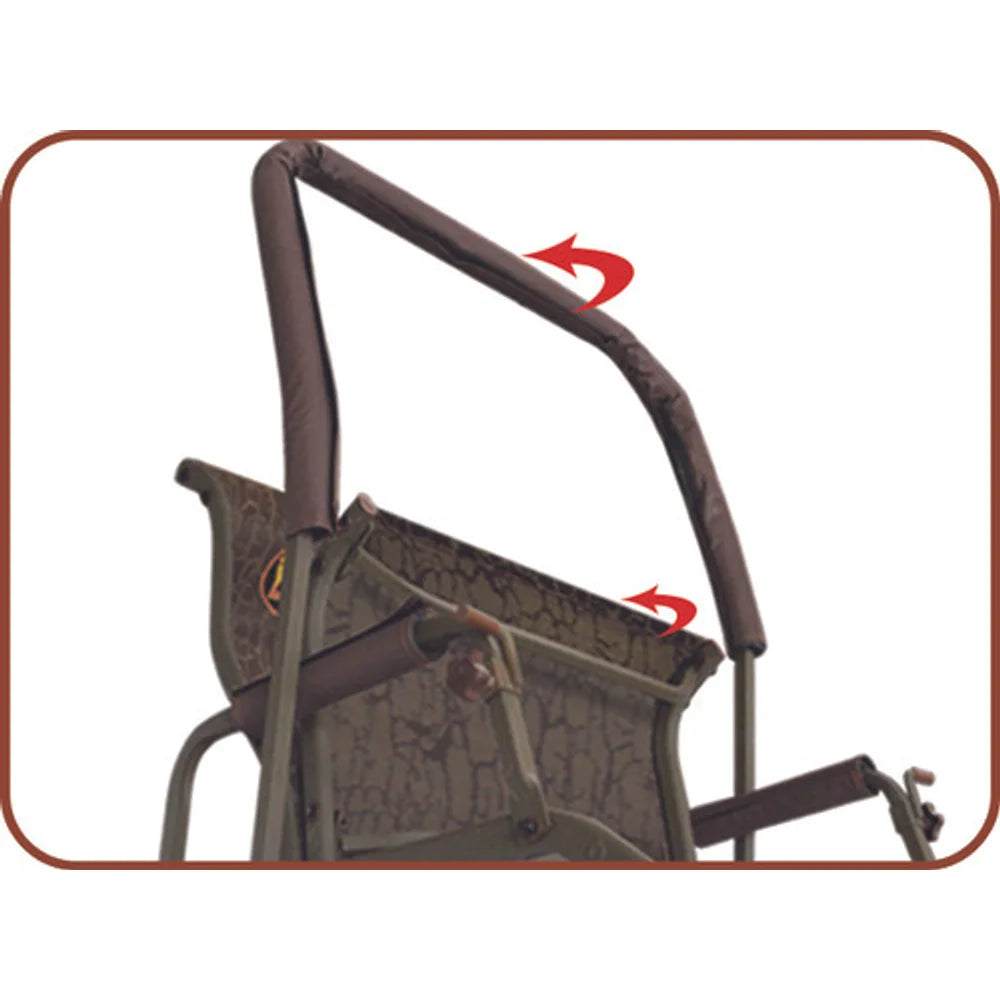 Close-up of Trophy Treestands Gunny ladder stand flip-up padded shooting rail with motion arrows
