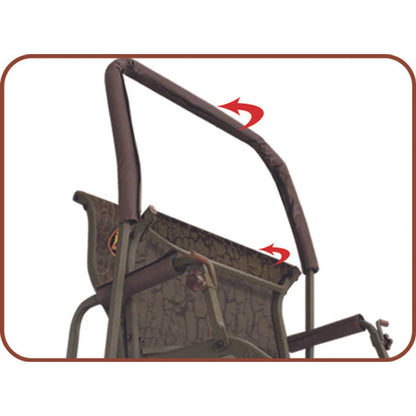 Close-up of Trophy Treestands Gunny ladder stand flip-up padded shooting rail with motion arrows