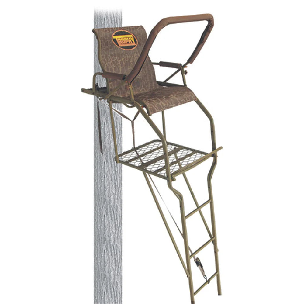 Trophy Treestands Gunny ladder stand front three-quarter view with camo seat and shooting rail