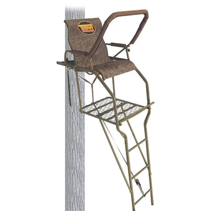 Trophy Treestands Gunny ladder stand front three-quarter view with camo seat and shooting rail