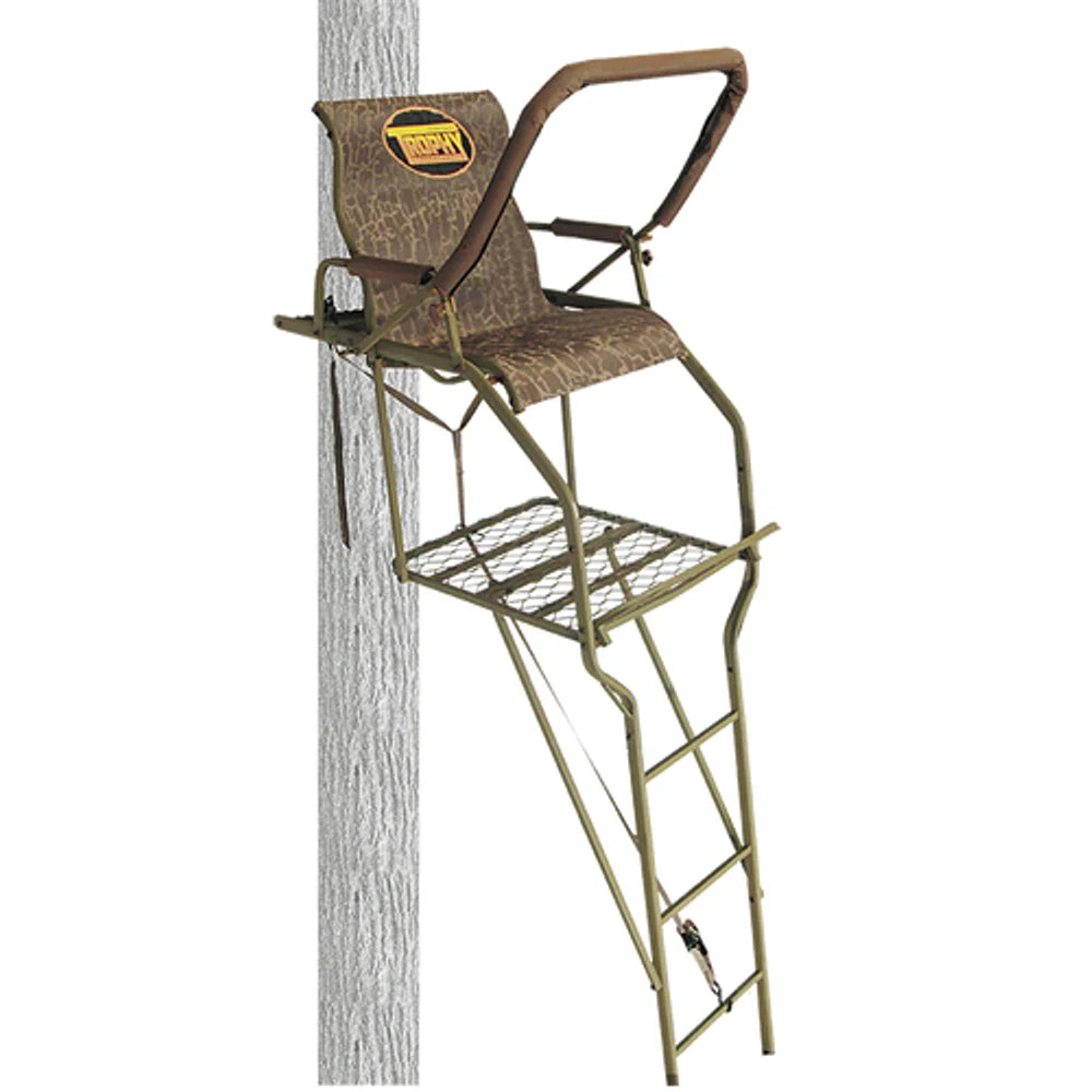 Trophy Treestands Gunny ladder stand front view showing camo seat and shooting rail mounted to tree