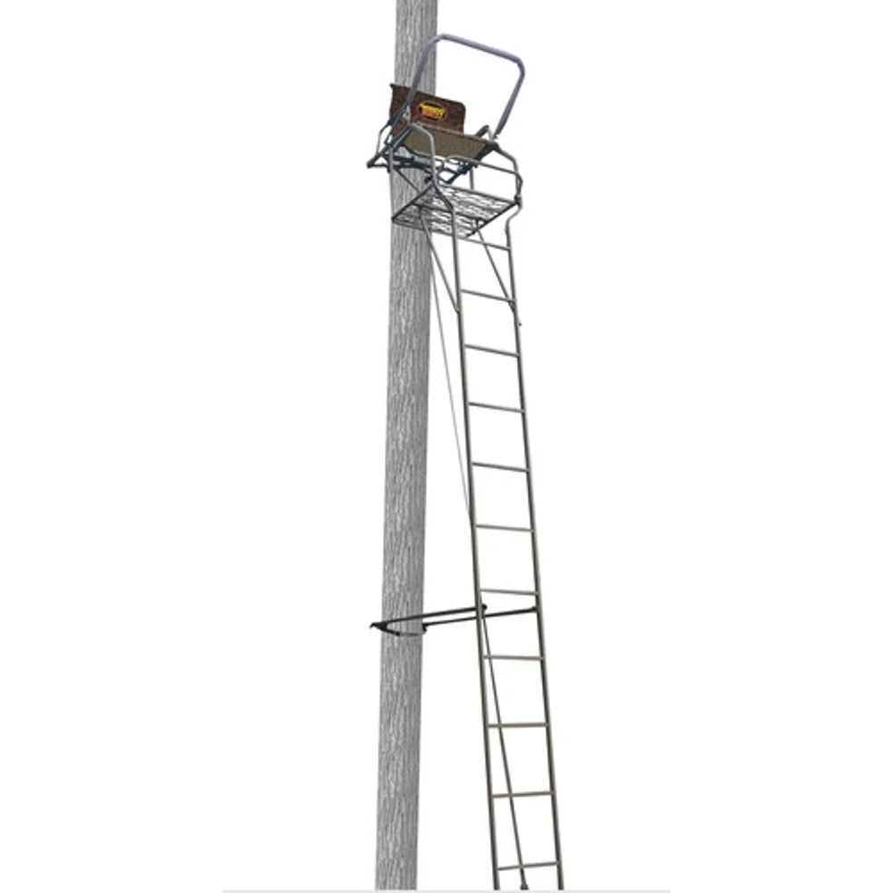 Trophy Treestands Gunny full-height ladder stand view showing complete ladder and tree attachment