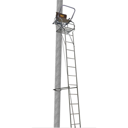 Trophy Treestands Gunny full-height ladder stand view showing complete ladder and tree attachment