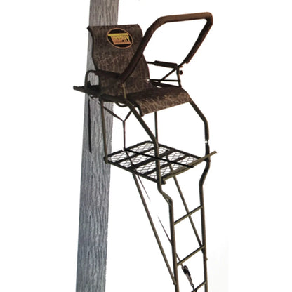 Trophy Treestands Gunny ladder stand side angle view attached to tree with platform and ladder visible