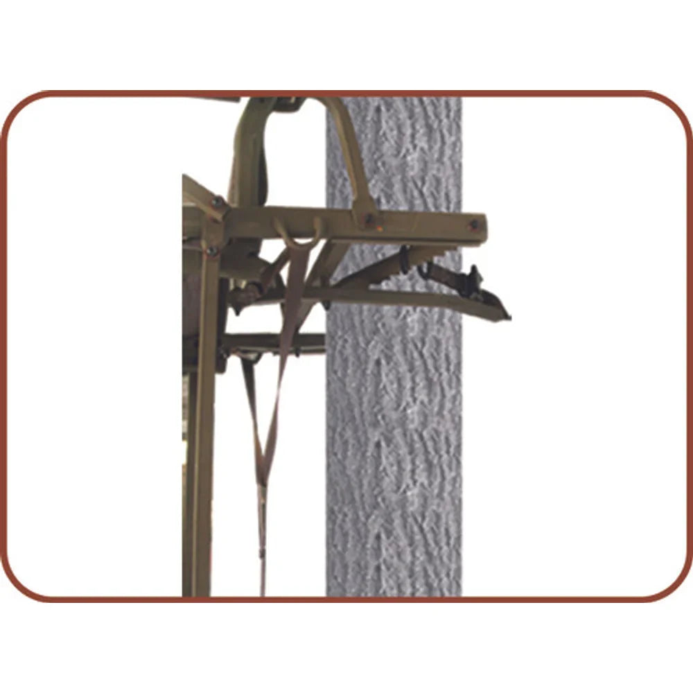 Close-up of Trophy Treestands Gunny ladder stand tree attachment bracket and strap