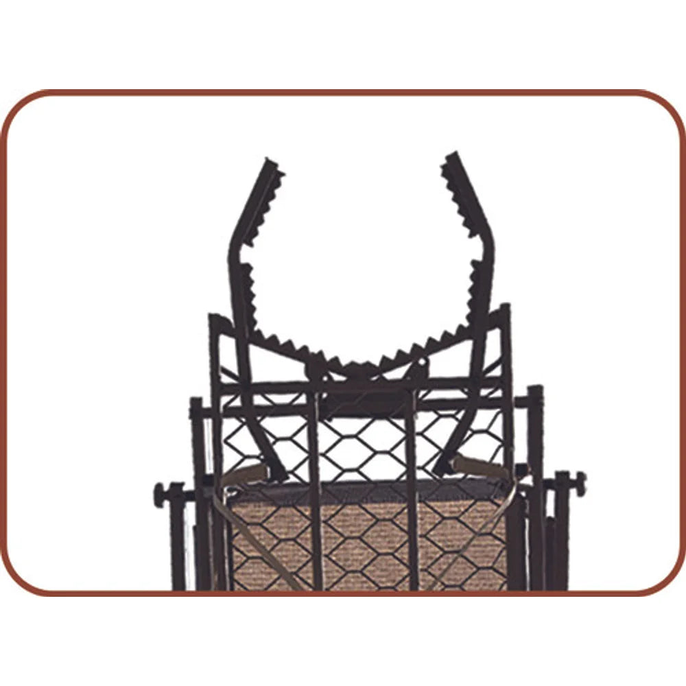 Close-up of Trophy Treestands Gunny ladder stand toothed V-bracket tree grip on platform
