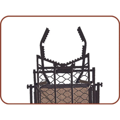 Close-up of Trophy Treestands Gunny ladder stand toothed V-bracket tree grip on platform