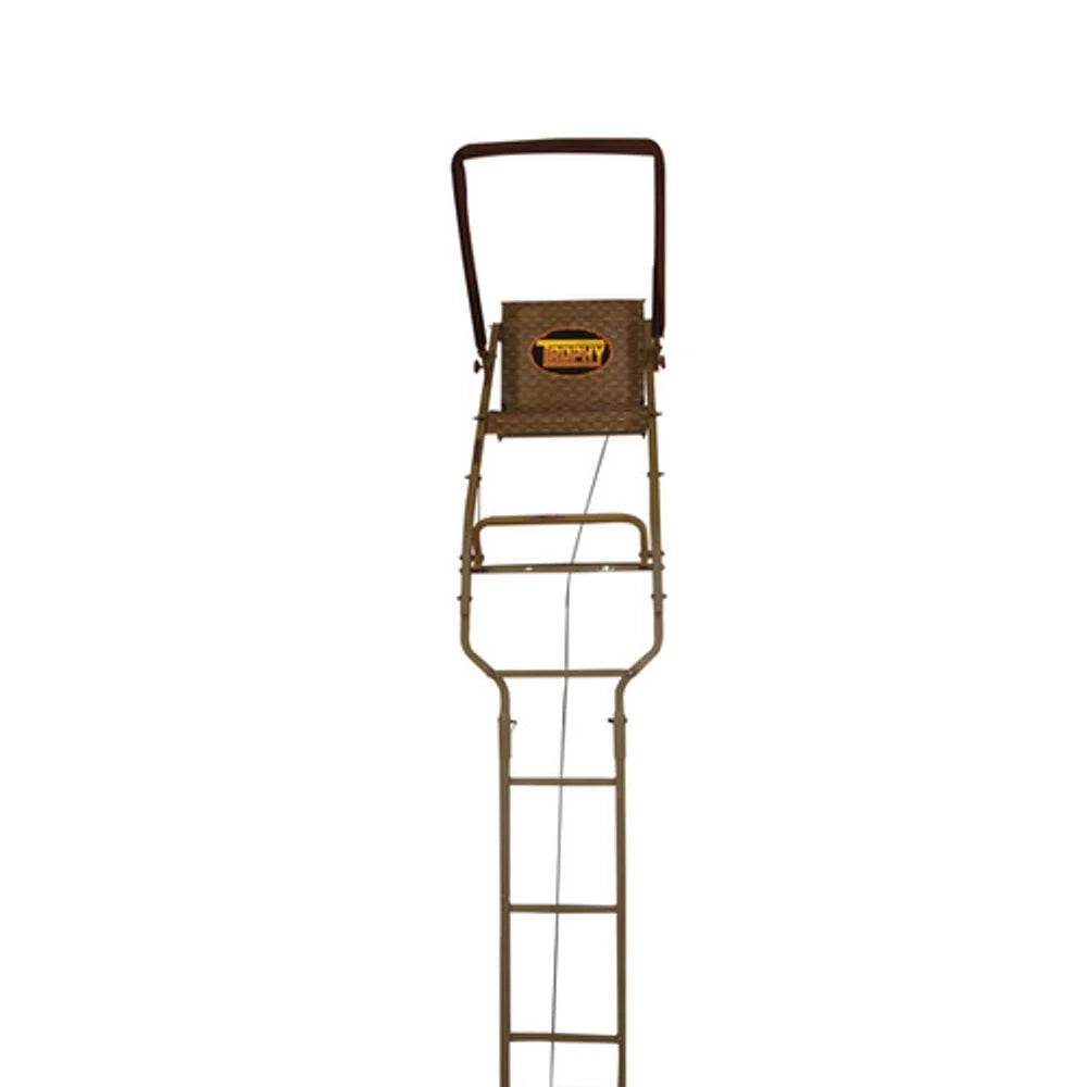 Trophy Treestands Hornet ladder stand front view showing full ladder height and seat