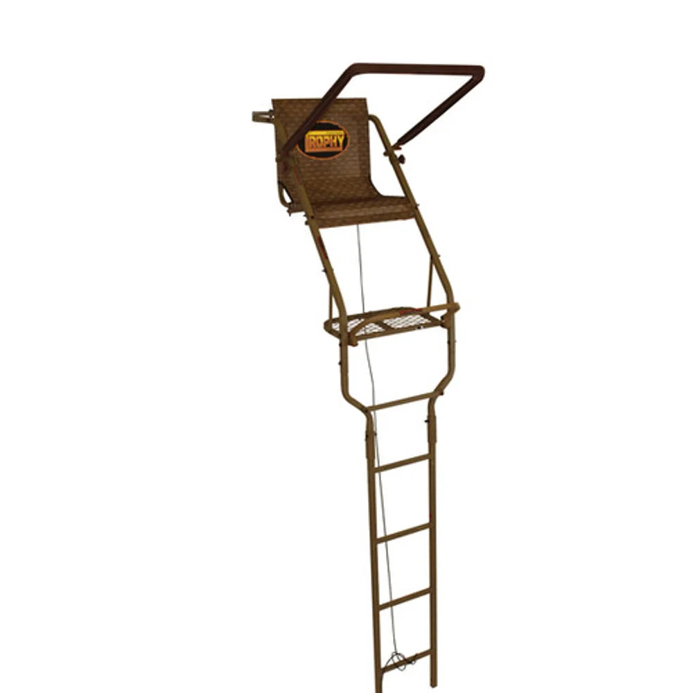 Trophy Treestands Hornet ladder stand full side view with ladder, platform and seat