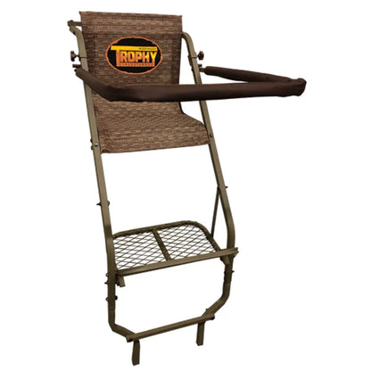 Trophy Treestands Hornet ladder stand close-up of padded shooting rail and mesh seat with logo