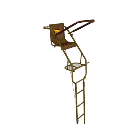 Trophy Treestands Hornet ladder stand three-quarter angled view with shooting rail raised