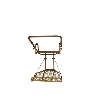 Trophy Treestands Jackal hang-on treestand, front view with shooting rail raised and mesh platform