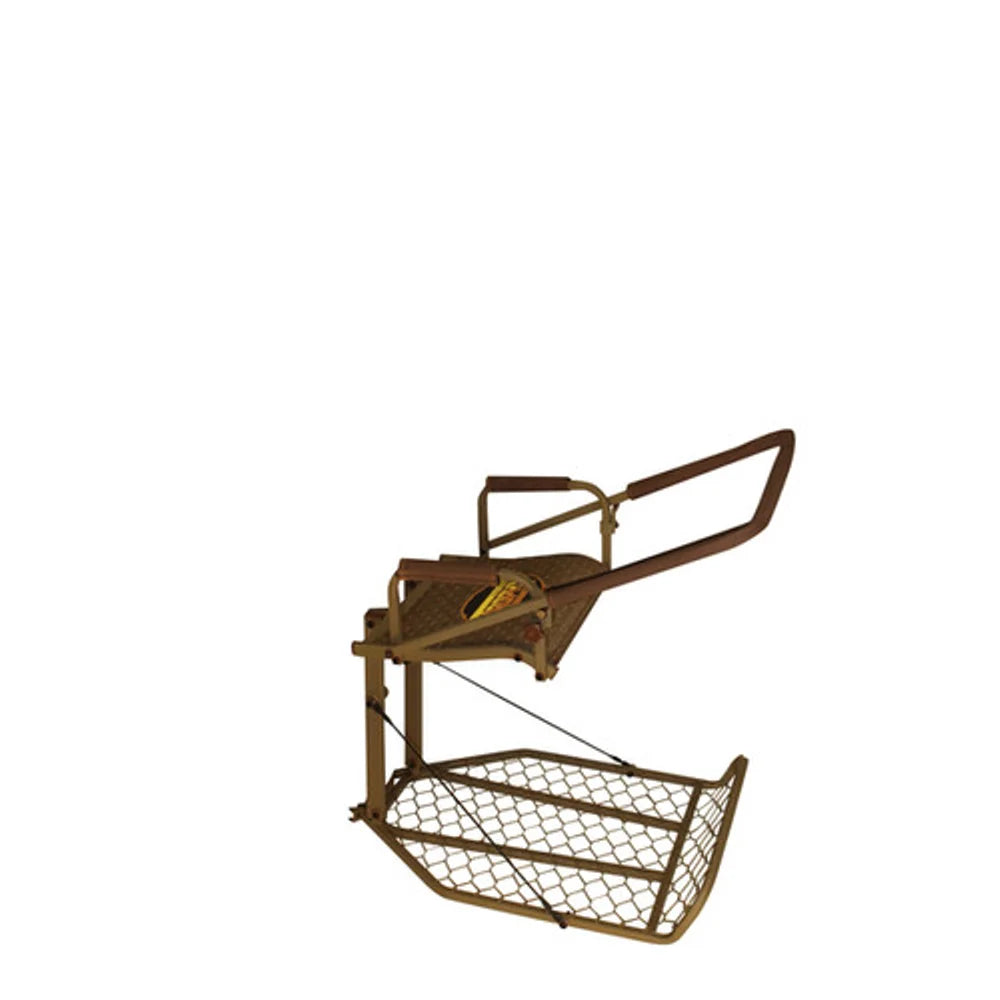 Trophy Treestands Jackal hang-on treestand, side profile view showing seat and platform support cables