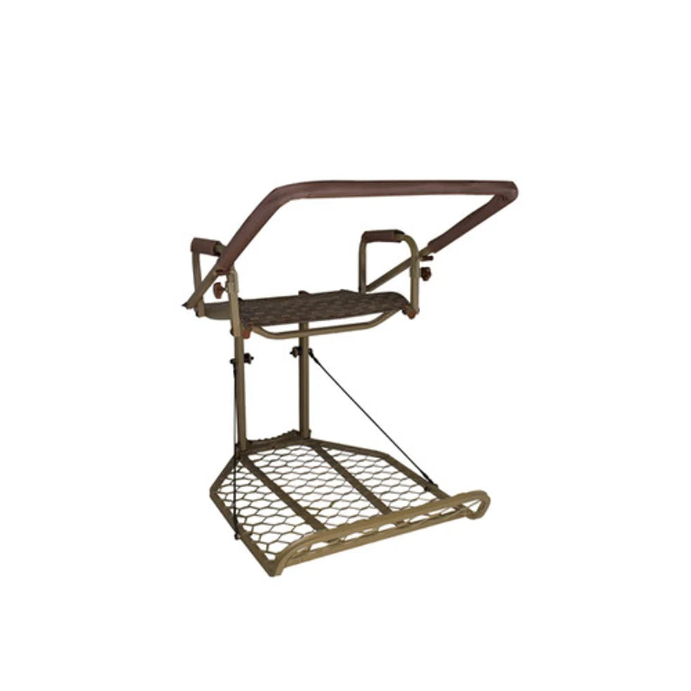 Trophy Treestands Jackal hang-on treestand, three-quarter front view showing seat, shooting rail, and platform