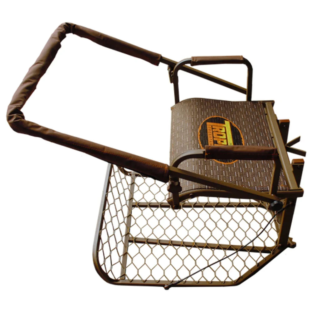 Trophy Treestands Jackal hang-on treestand, top-down angled view showing seat, shooting rail, and mesh platform