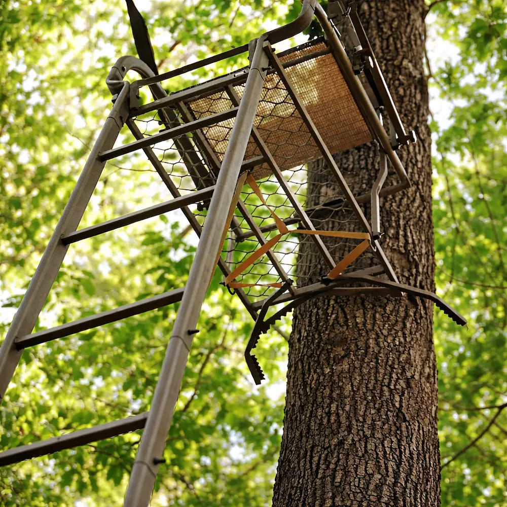 Trophy Treestands Mountaineer 20' Ladderstand  attached to a tree with Trophy Jaw System