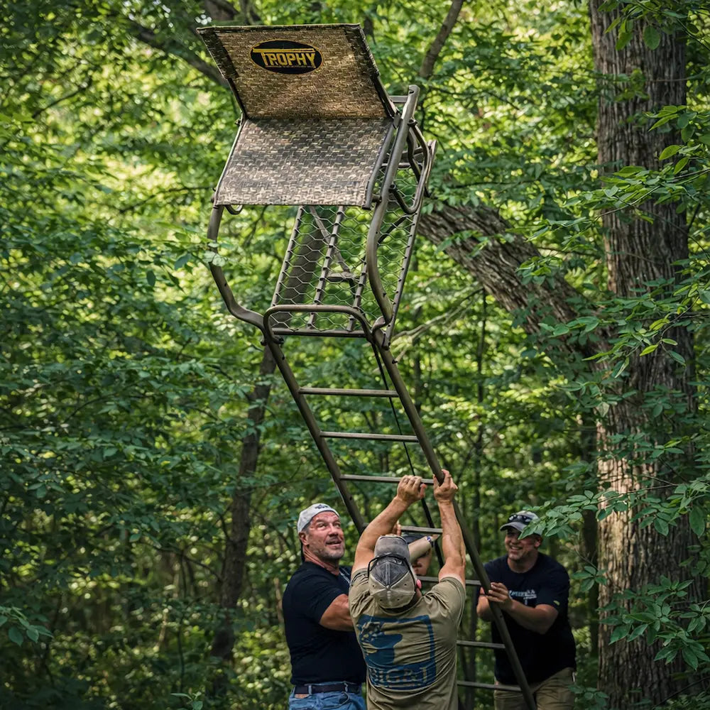 Trophy Treestands Mountaineer 20' Ladderstand being installed on a tree